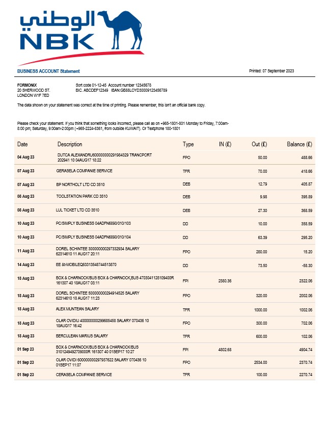 Modèle Word et PDF de déclaration commerciale de NBK Bank